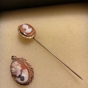Elegant Gold Cameo hat pin and Pendant Set